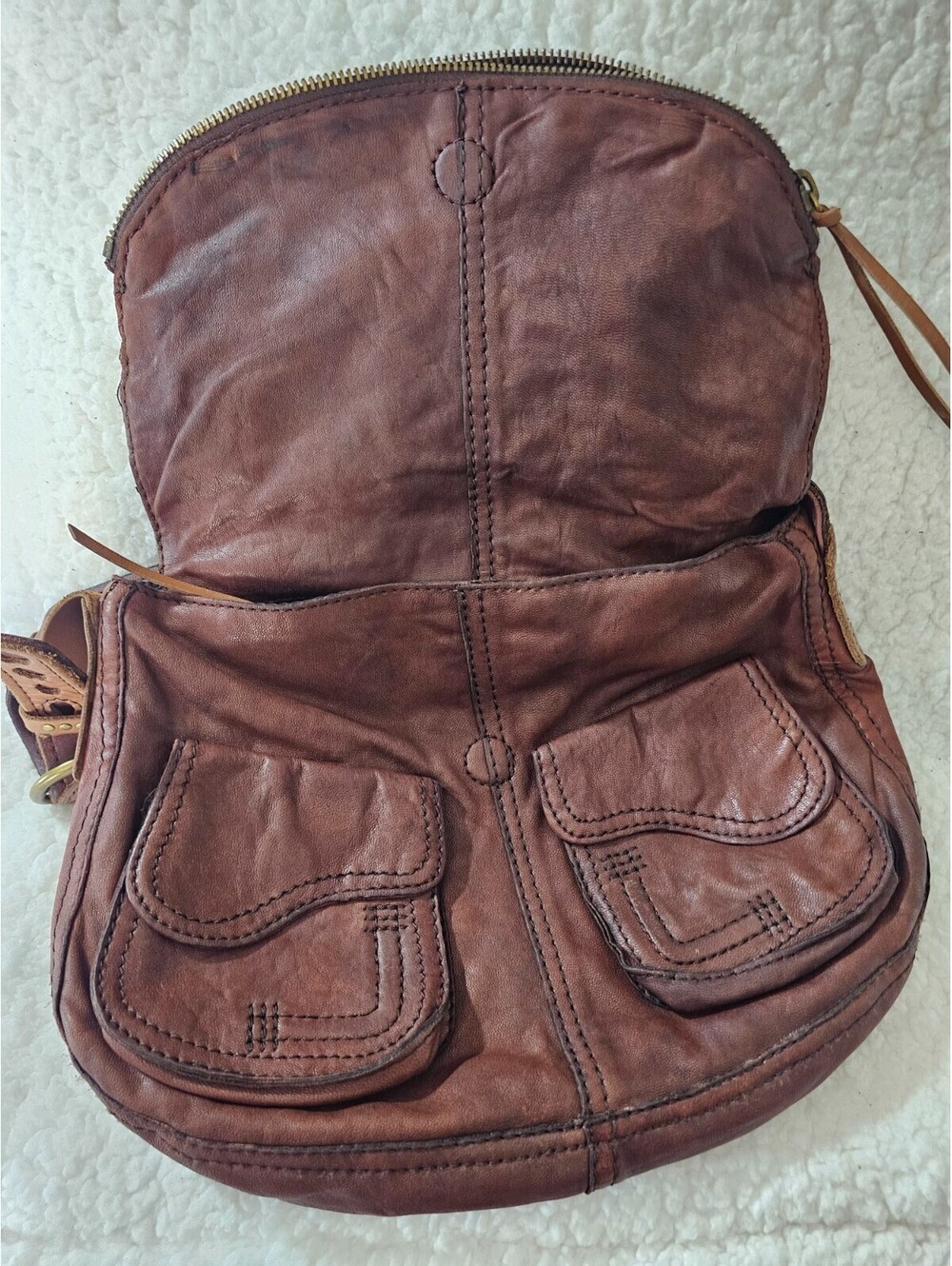 Lucky Brand Stash Fold Over Purse Hobo Bag Vintage Brown Lambskin Leather Boho - Picture 13 of 16